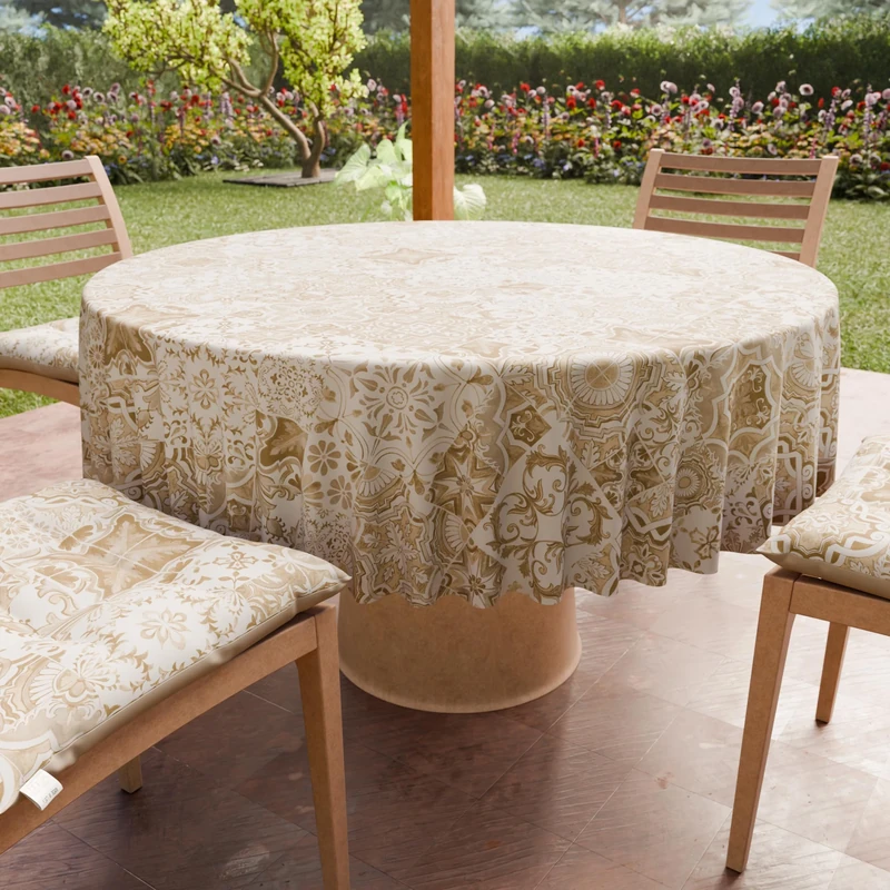 PETTI Artigiani Italiani - Anti-Stain Round Microfibre Tablecloth (Diameter 240 cm), Kitchen Table Cover for Round Table, Vietri 02 Design Taupe, 100% Made in Italy