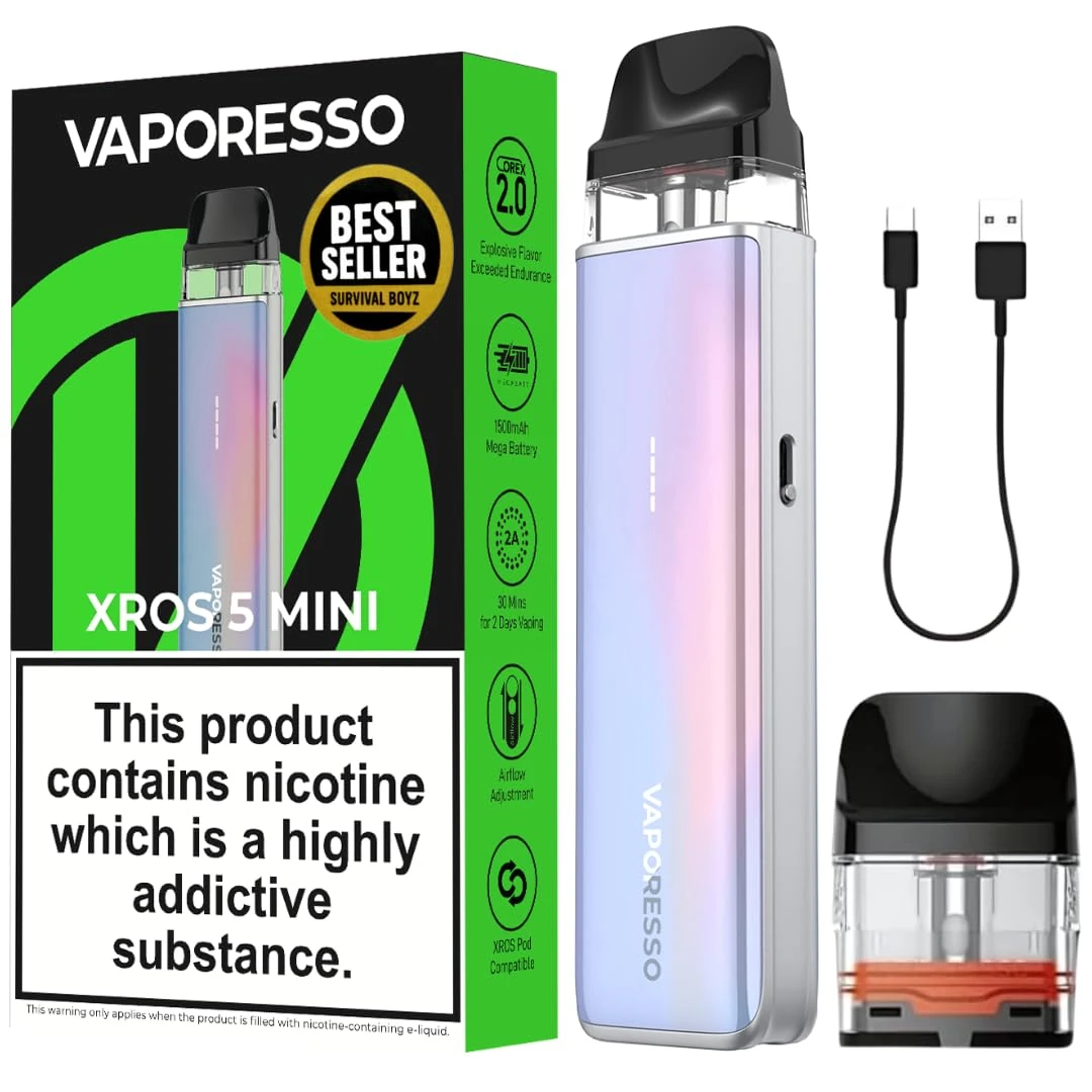Vaporesso XROS 5 Mini Vape Kit [Pastel Crystal] – 1500mAh Mega Battery, 30W Output, Type-C Fast Charge, Anti-Leak Tech, Top-Fill Pods – Works with All XROS Pods – 14 Colours – No Nicotine