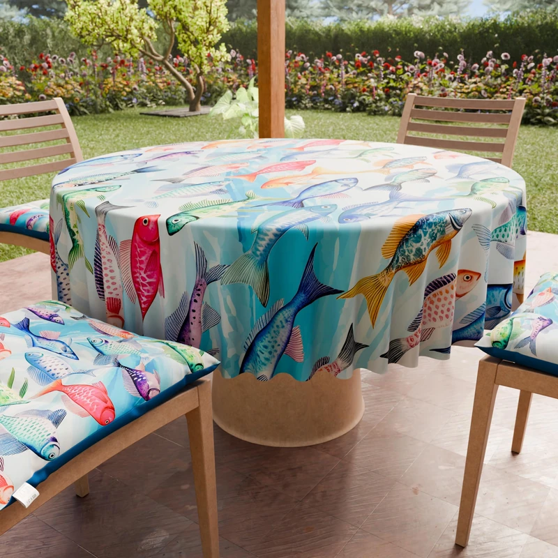 PETTI Artigiani Italiani - Anti-Stain Round Microfibre Tablecloth (Diameter 160 cm), Kitchen Table Cover for Round Table, Fishes Design, 100% Made in Italy