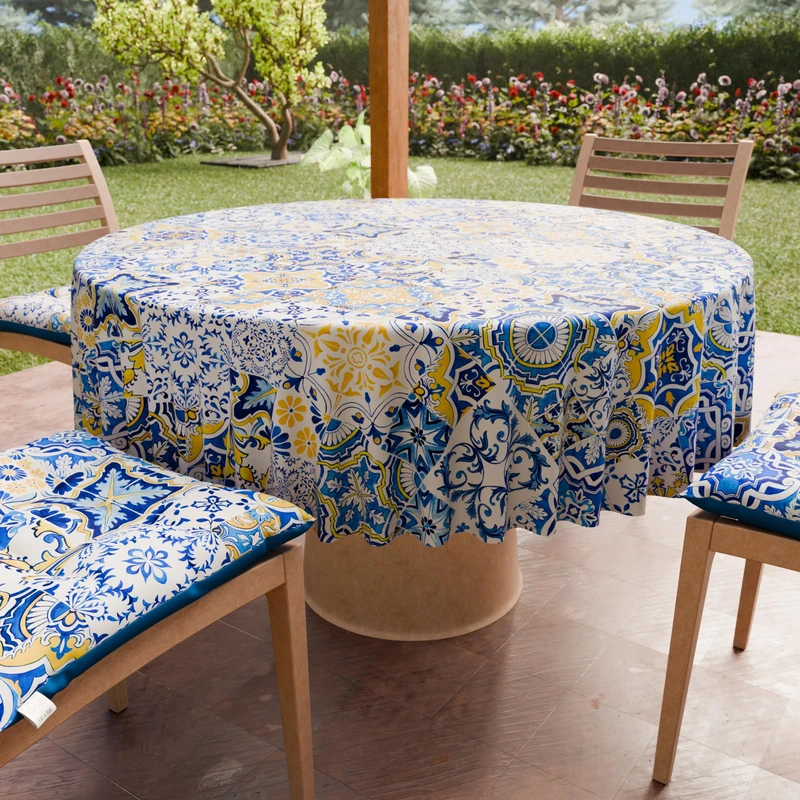 PETTI Artigiani Italiani - Anti-Stain Round Microfibre Tablecloth (Diameter 180 cm), Kitchen Table Cover for Round Table, Vietri 02 Design, Blue, 100% Made in Italy