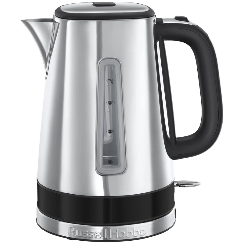 Russell Hobbs kettle [1.7l, 3000W, stainless steel] distinctions black(Push-to-open lid, 360° base with cord storage, Perfect pour spout,removable Anti-scale filter, water level indicator) 24283