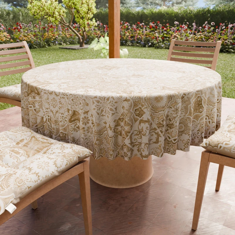 PETTI Artigiani Italiani - Anti-Stain Round Microfibre Tablecloth (Diameter 200 cm), Kitchen Table Cover for Round Table, Vietri 02 Design Taupe, 100% Made in Italy