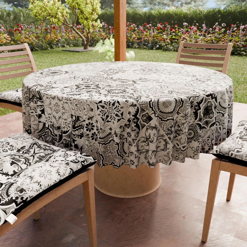 PETTI Artigiani Italiani - Anti-Stain Round Microfibre Tablecloth (Diameter 200 cm), Kitchen Table Cover for Round Table, Vietri 02 Design, Black, 100% Made in Italy