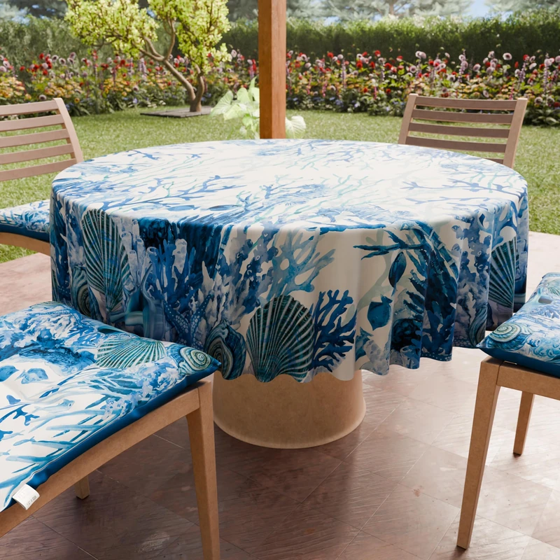 PETTI Artigiani Italiani - Anti-Stain Round Microfibre Tablecloth (Diameter 180 cm), Kitchen Table Cover for Round Table, Coral Blue Design, 100% Made in Italy