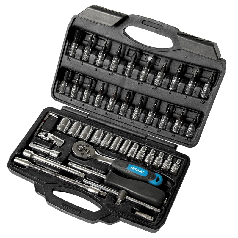 Faithfull Socket Set - 46-Piece (4–14mm), ¼ Inch Square Drive, Corrosion Reistant Chrome Vanadium Steel with Quick-Release Ratchet, Bits, Extensions & Accessories in Storage Case