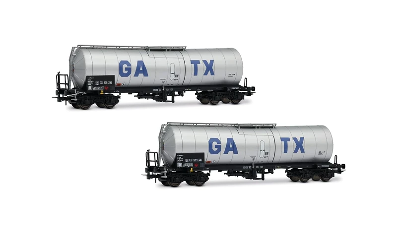 Rivarossi HR6667 GATX, 2-unit pack 4-axle isolated tank wagons, light grey livery with big GATX logo, ep. VI