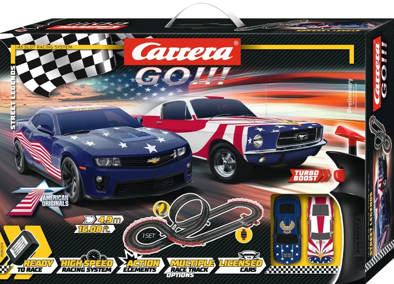 Carrera GO!!! 20062601UK Street Legends1:43 Scale I 4.9 Metres, With Ford Mustang '67 - Stars 'n Stripes & Chevrolet Camaro Stars 'n Stripes, Suitable from 6 Years+, UK Plug Version