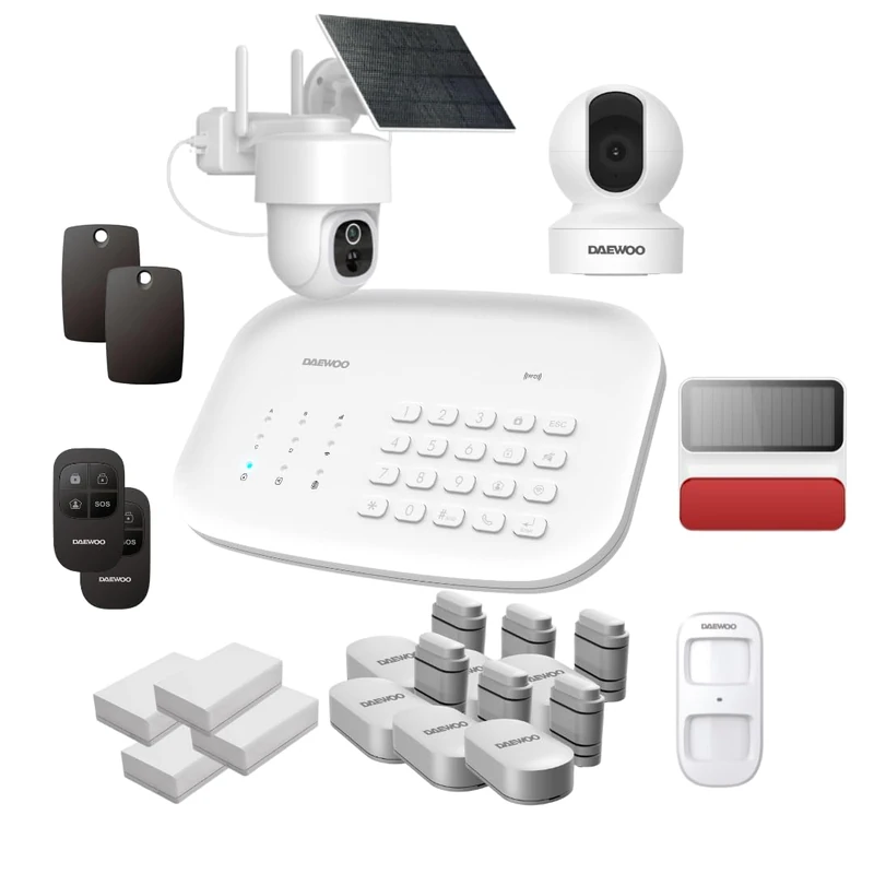 Daewoo SA804 Refuge Alarm - Complete Home System: Central, Opening and Presence Sensors, Solar Siren, Remote Controls, Indoor & Outdoor Rotatable Cameras, Alexa & Google Compatible
