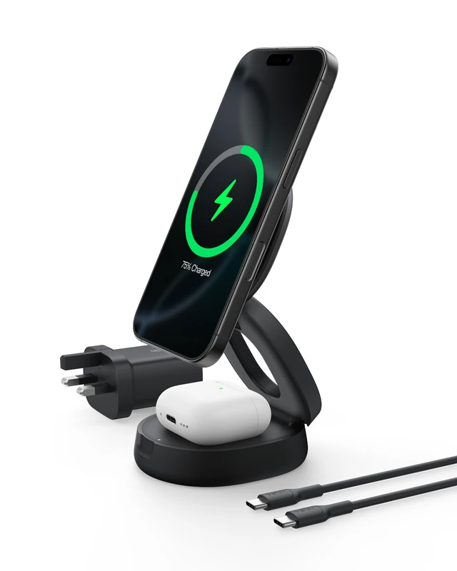 Belkin 2-in-1 Convertible Wireless Charging Station, Wireless Portable Charger 15W, MagSafe-Compatible Qi2 Charger for iPhone 17, Air, AirPods with Weighted Non-Slip Base, 30W Charger Included - Black