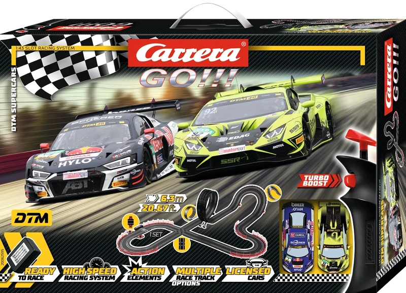 Carrera GO!!! 20062595UK DTM Supercars1:43 Scale, 6.3 Metres, With Audi R8 LMS GT3 evo II DTM "ABT Feller 7" & Lamborghini Huracán GT3 EVO2 "Bortolotti 92", Suitable from 6 Years+, UK Plug Version