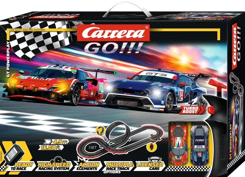 Carrera GO!!! 20062597UK GT Powerplay1:43 Scale I 4.9 Metres, With Ford Mustang GT3 "Ford Multimatic Motorsports 64" & Ferrari 296 GT3 "AF Corse No.21" (IMSA), Suitable from 6 Years+, UK Plug Version