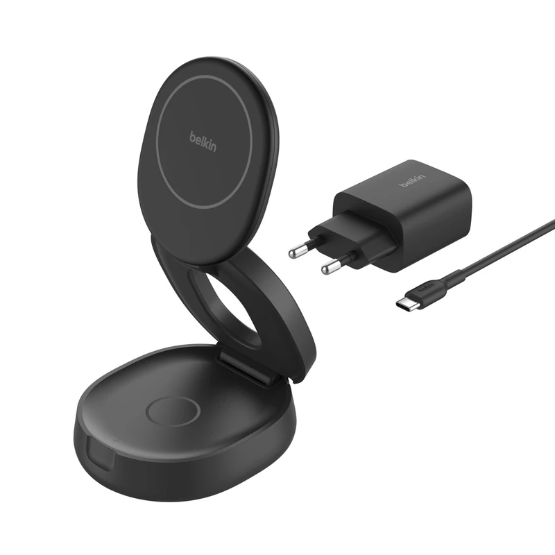 Belkin Wireless Portable Charger, 2-in-1 Convertible Wireless Charging Station 15W, MagSafe-Compatible Qi2 Charger for iPhone 16 & AirPods with Weighted Non-Slip Base, 30W Charger Included - Black