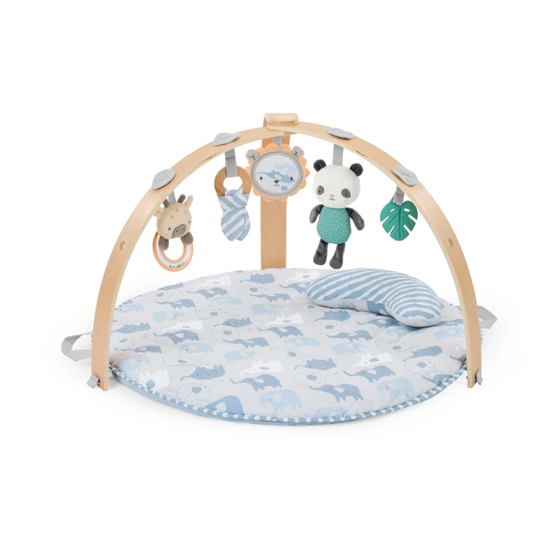 Ingenuity, Cozy Spot Reversible Duvet Activity Gym & Play Mat with Wooden Toy bar - Elephant March (Neutral Safari), Newborn and up