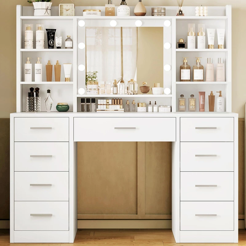 TEENFON Dressing Table with 3-Color LED Lights Mirror, Adjustable Brightness, Vanity Table Makeup Desk with 9 Drawers and 7 Storage Shelves, Modern Vanity Desk for Bedroom Dressing Room, White
