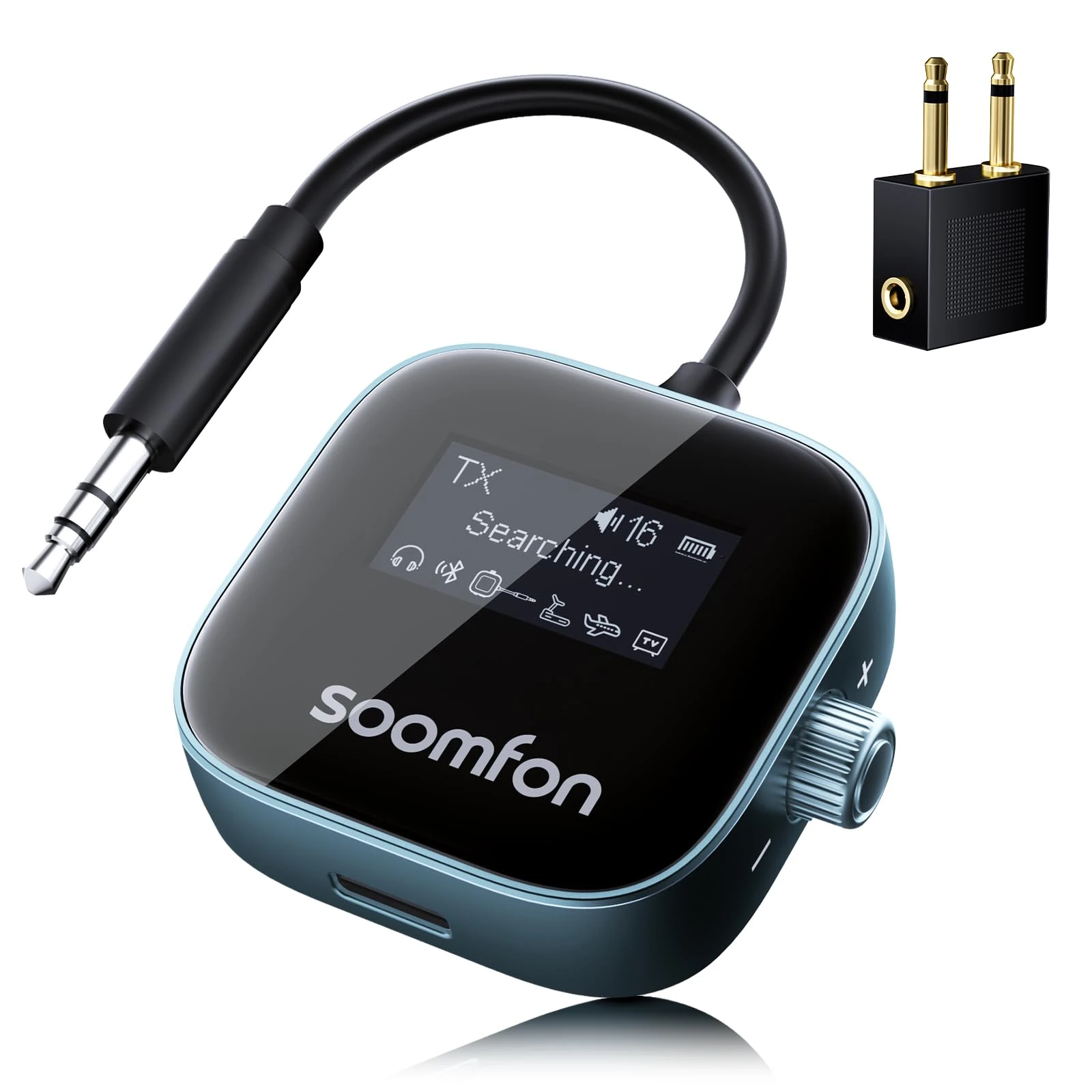 SOOMFON Bluetooth 5.3 Transmitter Receiver with 3.5mm Jack with LCD Screen, Dual Pairing,13H Playtime AUX Bluetooth Adapter, 2-in-1 Wireless Audio Transmitter for Airplane TV Headphones Speakers