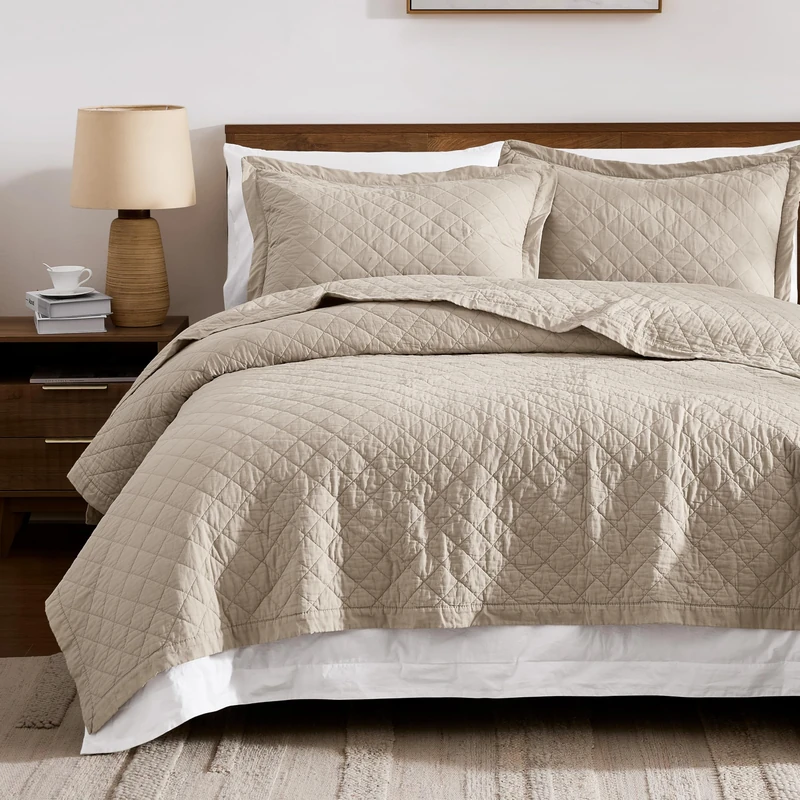 WDCOZY 100% Cotton Quilt Queen Size Bedspread, Pre-Washed 3-Piece Lightweight Soft Coverlet Set with 2 Pillow Shams, Farmhouse Design All Season Bedding Set, Beige