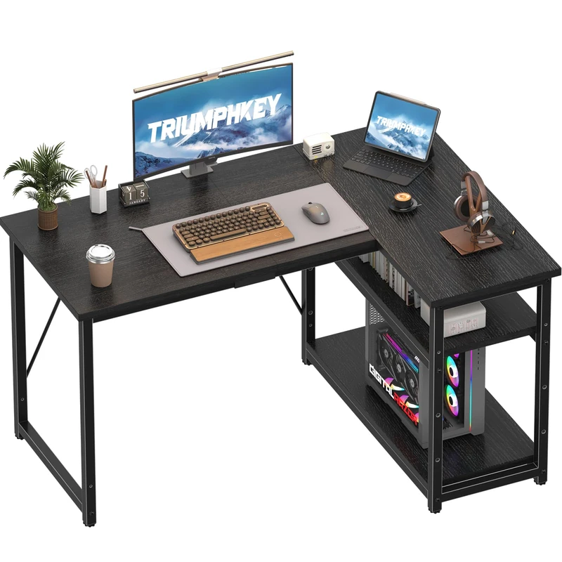 TRIUMPHKEY 120 * 80cm L Shaped Computer Desk with Reversible Large Storage Shelves, Corner Desk Computer Workstation Matching Under Desk Height Adjustable Storage, Home Office Work Table Black