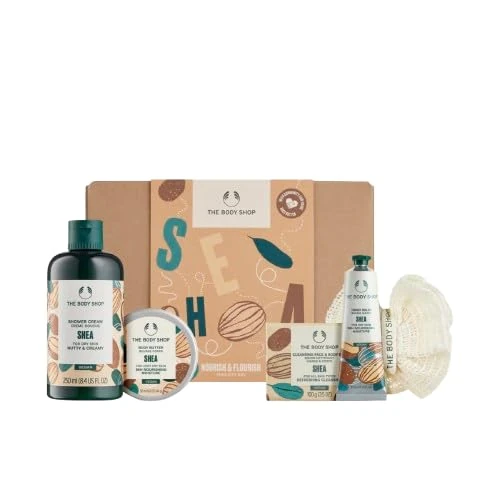 The Body Shop Shea Gift Set - Body Care Set for Dry Skin - Shower Cream, Body Butter, Hand Balm, Soap & Ramie Flower - Vegan Natural Cosmetics