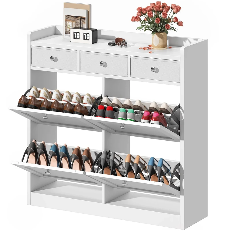 DWVO Shoe Cabinet with 4 Flip Drawers, Narrow Shoe Storage cabinet with 3 Drawers and Adjustable Shelves for Hallway, Entryway, Corridor, Small Spaces, Wooden Cupboard, white 100 x 25 x 99.5cm