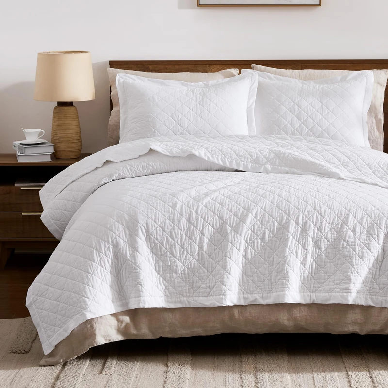 WDCOZY 100% Cotton Twin Size Quilt Set - White Ruffle Box Soft Lightweight Bedspread, Textured Like Linen, Farmhouse Country Rustic Coverlet, Shabby Chic Gauze Bedding, 2 Pieces
