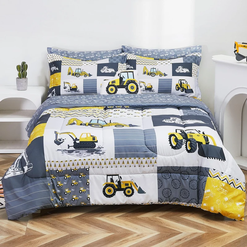 Mooreeke Kids Full Comforter Sets for Boys 8 Pieces Yellow Excavator Bedding Set for Teens Microfiber Kids Bed in A Bag with Comforter, Sheet Set, Shams and Decorative Toy Pillow All Season