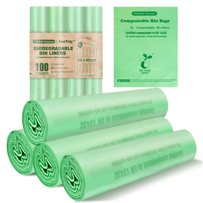 PANSUN Selected Compostable Food Waste Bags 100 Counts 6L Small Bin Bags, Biodegradable Caddy Liners for Kitchen Food Bin, Bathroom, Office & Bedroom, Eco-Friendly & Unscented