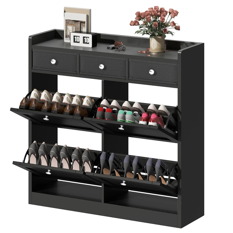 DWVO Shoe Cabinet with 4 Flip Drawers, Narrow Shoe Storage cabinet with 3 Drawers and Adjustable Shelves for Hallway, Entryway, Corridor, Small Spaces, Wooden Cupboard, Black 100 x 25 x 99.5cm