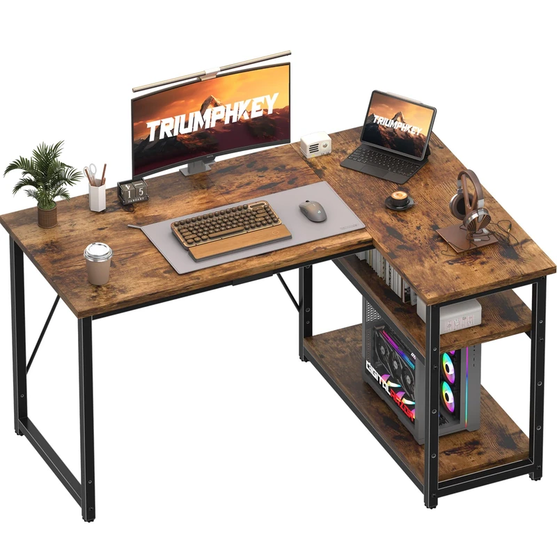 TRIUMPHKEY 120 * 80cm L Shaped Computer Desk with Reversible Large Storage Shelves, Corner Desk Computer Workstation Matching Under Desk Height Adjustable Storage, Home Office Work Table Brown