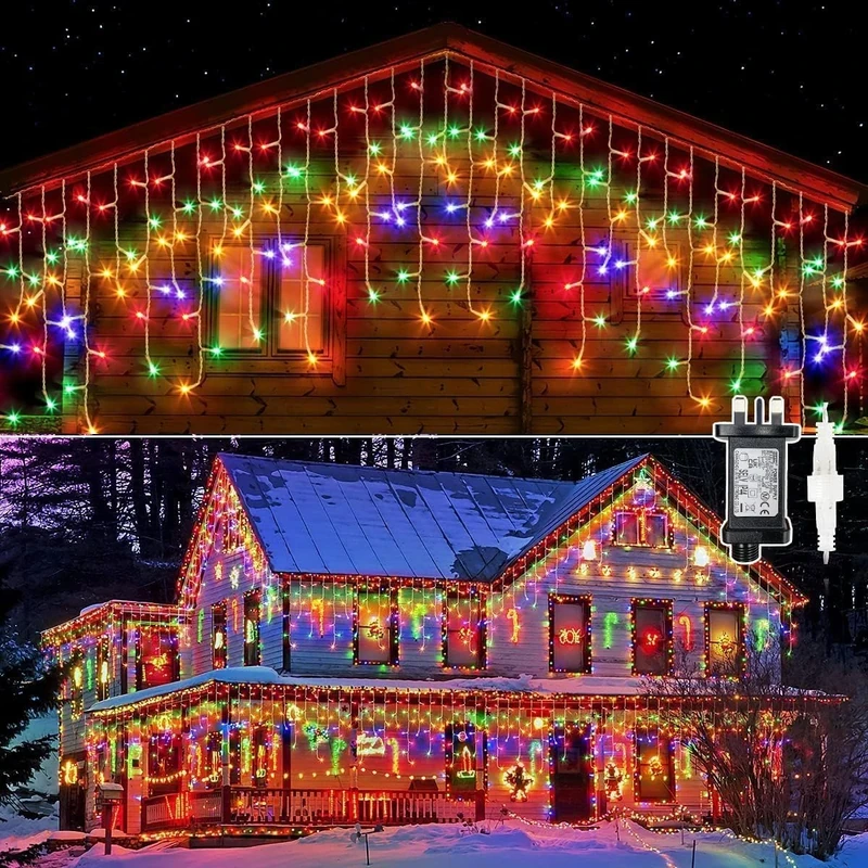 GlobaLink Christmas Icicle Lights Outdoor, 20M/65FT 800LED Icicle Fairy Lights with Timer & 8 Modes, 160 Drops Mains Powered Outdoor Christmas Lights for Roof Balcony Eaves Wall Windows - Multicolored