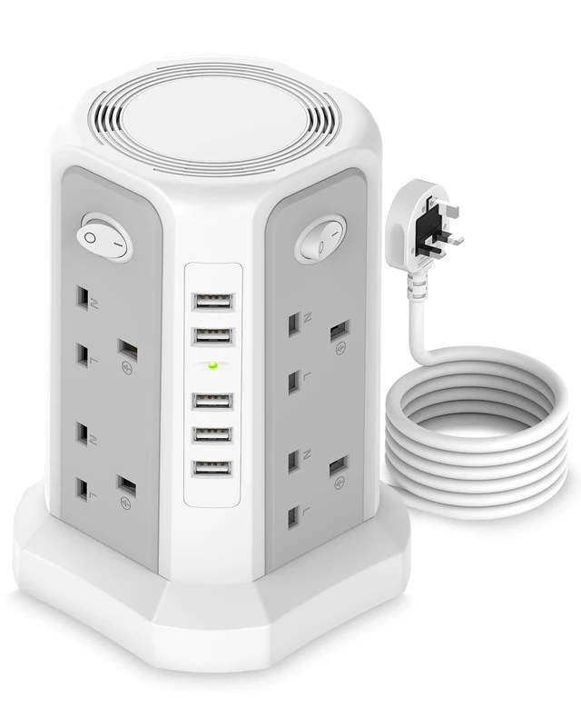 3M Tower Extension Lead with 4 Individual Switches, 8 Way Power Strip(3250W 13A) with 5 USB Ports and Multi-Protection Overload Protection Extension Socket Tower for Home, Office, Kitchen Use