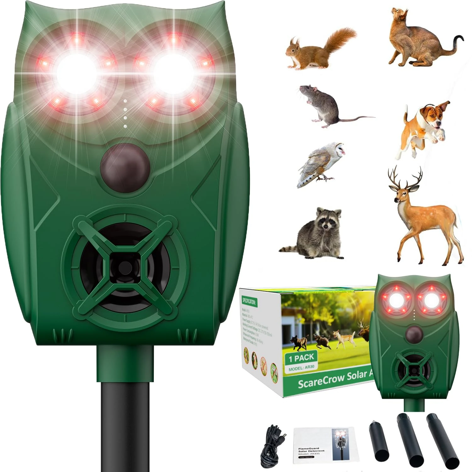 VxoDhuuo Cat Repellent, Cat Repellent Deterrent for Gardens UK, Animal Scarer Ultrasonic with Flame Flashing Light Alarm & PIR Sensor 5 Adjustment Modes, IPX4 Waterproof Solar USB Charging for Cat Fox