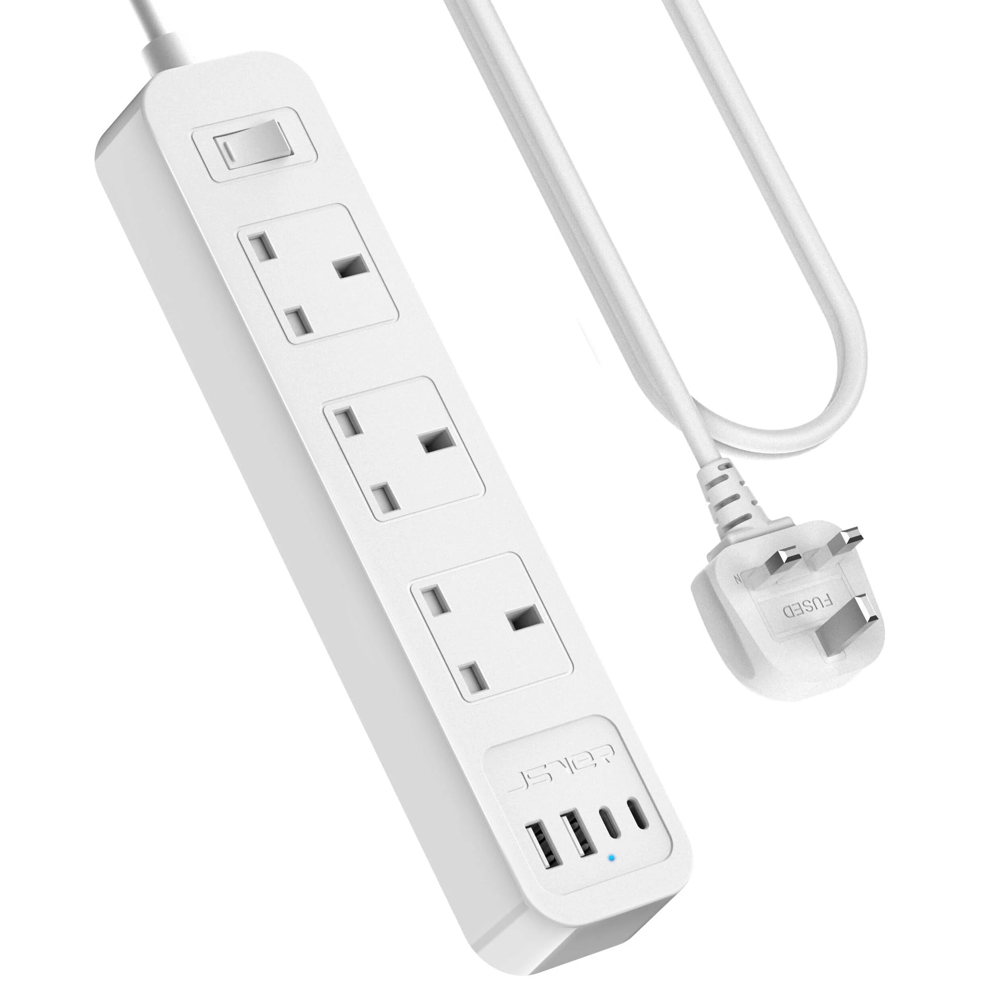 JSVER Extension Lead USB,7 IN 1 Power Socket with 3 Way and 4 USB Fast Charging Station(2 Type C and 2 USB-A) Power Strip 3250W 13A with 2M Power Cord for Home and Office-White