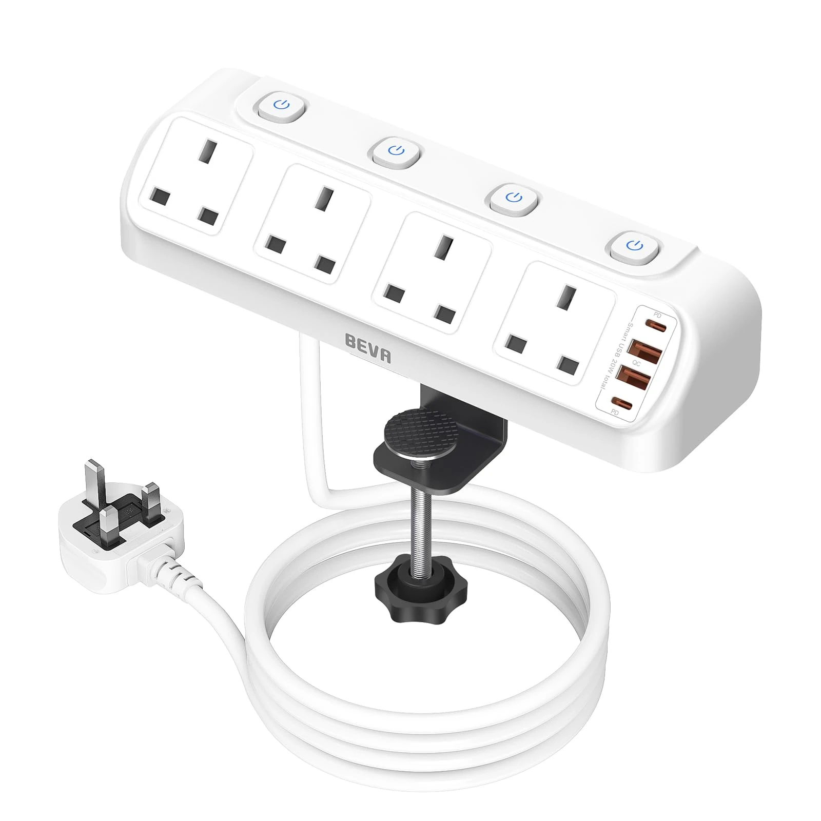 Desk Extension Lead with 4 USB Slots, BEVA 4 Way Surge Protected Plug Extension with PD20W USB C Charger, Individual Switches, Mountable Desktop Clamp Power Socket with 1.8M Cable-White