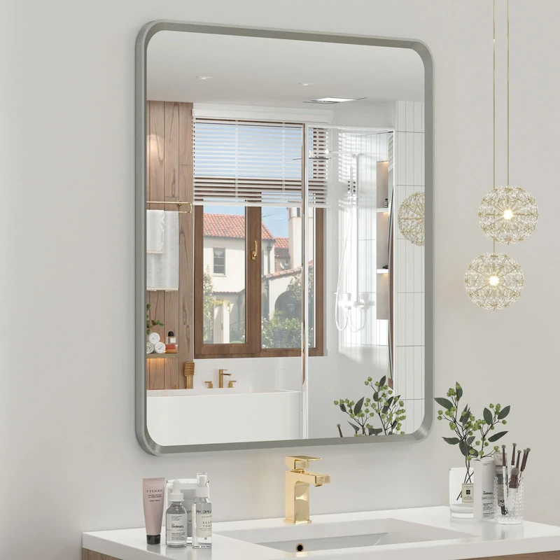 OKPAL 20 x 24 Inch Brushed Nickel Bathroom Mirrors, Rounded Rectangle Silver Bathroom Vanity Mirror, Beveled Framed Mirror for Wall, HD Glass, Anti-Rust Aluminum Alloy Mirror