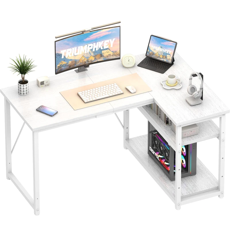 TRIUMPHKEY 120 * 80cm L Shaped Computer Desk with Reversible Large Storage Shelves, Corner Desk Computer Workstation Matching Under Desk Height Adjustable Storage, Home Office Work Table White