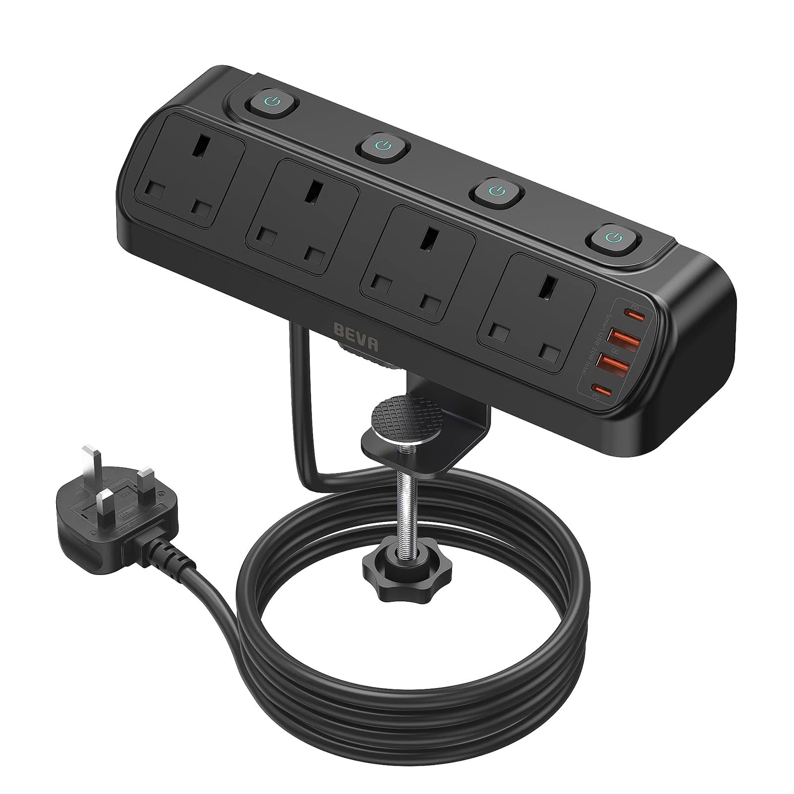 Desk Extension Lead 1.8M, BEVA 4 Way Switched Extension Socket with PD20W Charger(4 USB Ports), Desk Clamp Power Socket, Mountable Surge Protected Power Strip(13A 3250W) for Home Office-Black