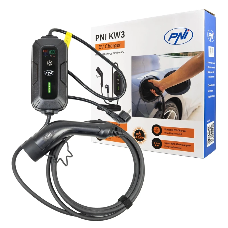 PNI Portable charger KW3 16A, 3.5KW, for electric cars, 230V, single-phase, Type 2 cable with 5-pin connector, with timer, IP66, Black