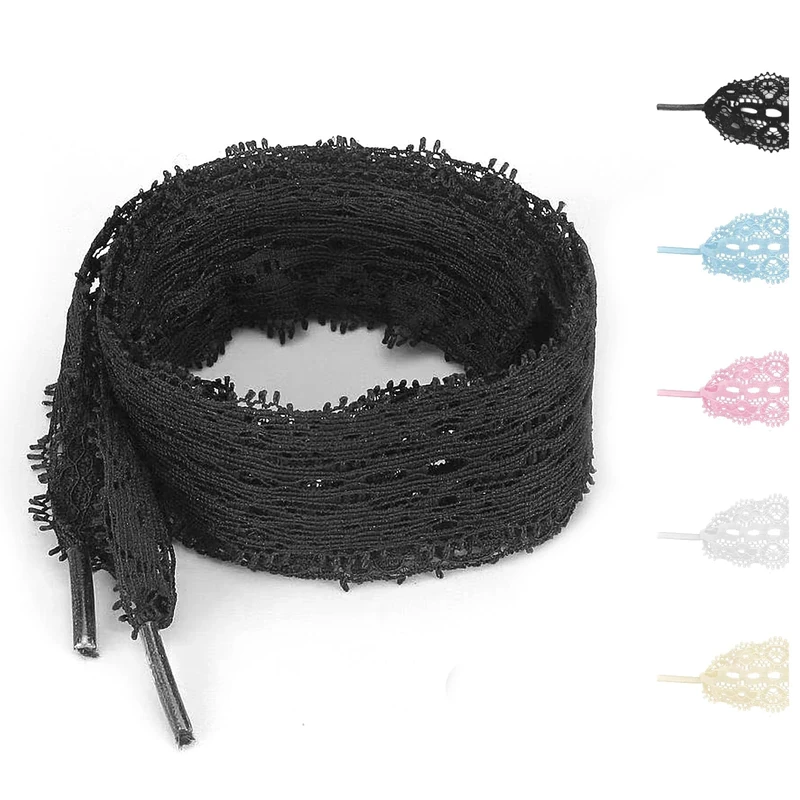 NDTEZUGT 3CM Wide Lace Shoelaces, Fancy Flat Soft Fabric Shoe Strings Replacement Fat Shoestring for Adult Women Girls (Black,45"/115cm)