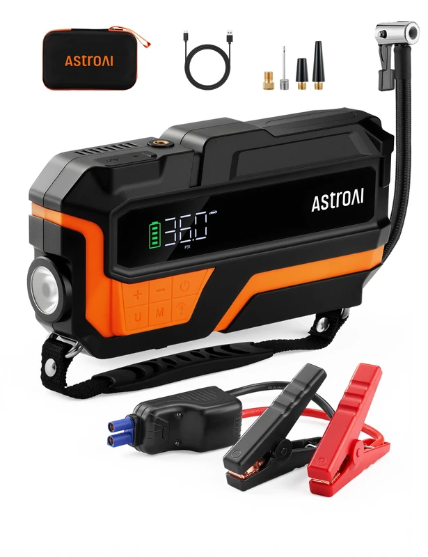 AstroAI M10 150PSI Car Battery Booster Jump Starter Tyre Inflator, Jump Starter Power Pack with Air Compressor, for 12V Vehicles (8L Petrol/6L Diesel), Intuitive LED Screen, Full Accessory Kit