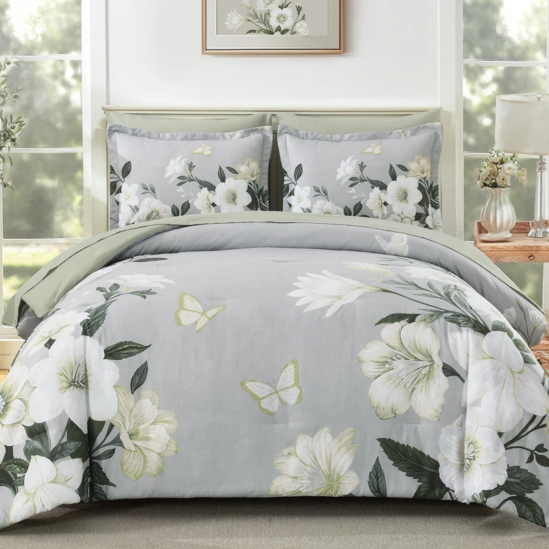 DHSFKBE Floral Comforter Set Queen Size, 7 Pieces Green Bed in a Bag, Elegant Floral Butterfly Comforter and Sheet Set, Soft Microfiber Bedding Set for All Seasons(Green,90"x90")
