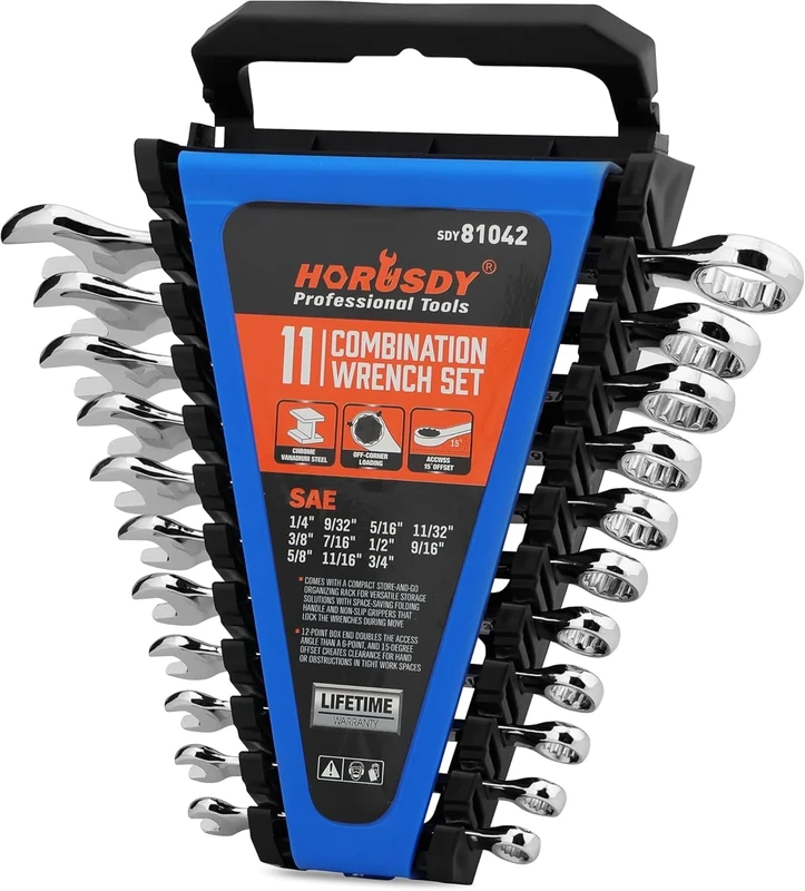 HORUSDY 12-Piece SAE Wrench Set | Combination Wrench Set with Organizer | 12 Point | 1/4" - 3/4" | Chrome Vanadium Steel