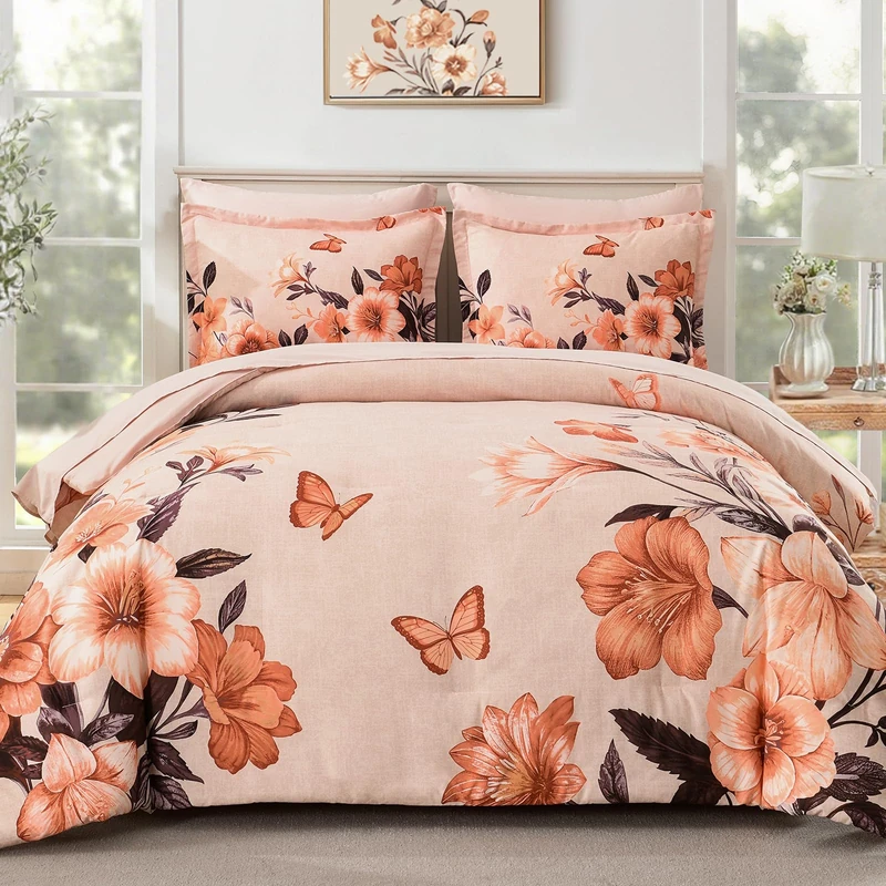 DHSFKBE Floral Comforter Set Queen Size, 7 Pieces Orange Bed in a Bag, Elegant Floral Butterfly Comforter and Sheet Set, Soft Microfiber Bedding Set for All Seasons(Orange,90"x90")