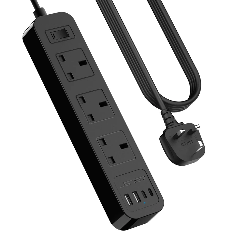 JSVER Extension Lead with USB C Slots, Desktop Power Strip 3M Cord with 3 Way Outlets and USB C Fast Charger(5V 3.4A), Power Socket with Switch for Home, Office-Black