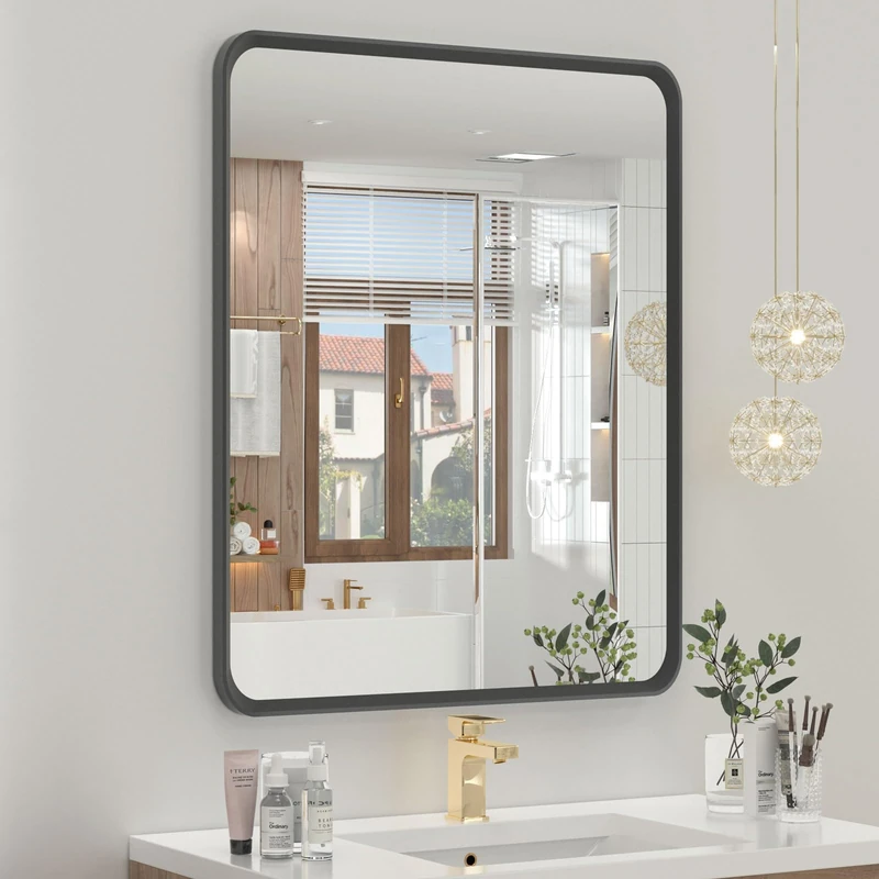 OKPAL 20 x 24 Inch Black Bathroom Mirrors for Over Sink, Rounded Rectangle Black Bathroom Vanity Mirror, Beveled Framed Mirror for Wall, HD Glass, Anti-Rust Aluminum Alloy Mirror