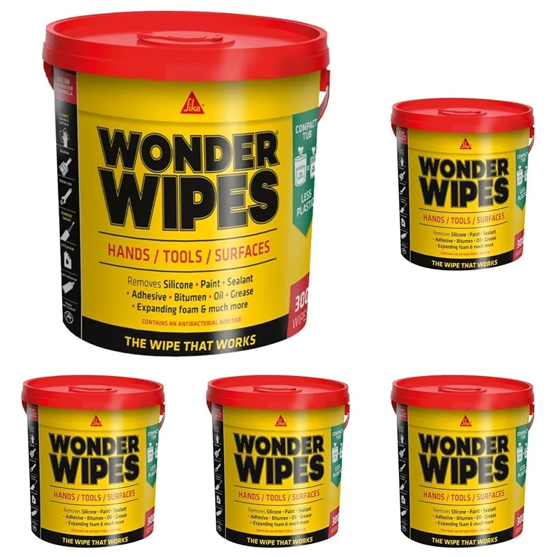 SIKA - Wonder Wipes Multi-Use Cleaning Wipes for the Building Trade - Specially Formulated to Clean Hands, Tools and Surfaces - 300 Wipes (Pack of 5)