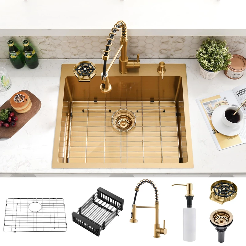 SOMRXO Kitchen Sink with Faucet, 25 x 21.6 Inch, Stainless Steel, Gold with Cup Washer, 9 Inch Deep, Kitchen Sinks and Faucets, Combination Set, Top Mount Design for Modern Kitchens