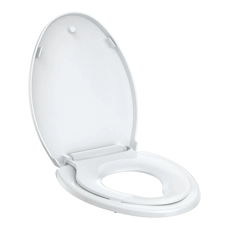 Toilet Seat Cover, White Elongated Toddler Toilet Seat with Quick-Release Design, Child-Friendly and Adult-Friendly, Sturdy Hinges, Fits 19-Inch Toilets, Ideal for Family Use