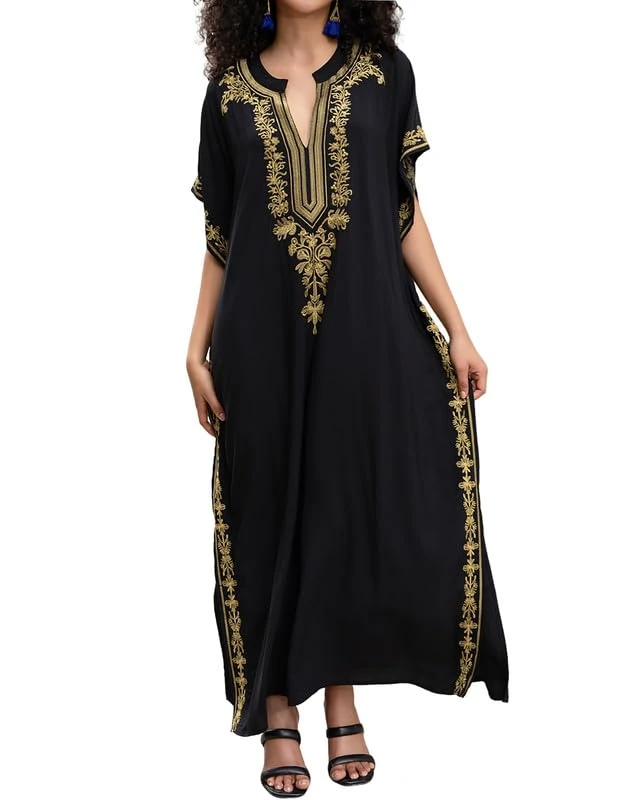 Bsubseach Kaftan Dresses for Women Embroidery Bathing Suit Cover Up Mumu Dresses Long Caftans Casual Resort Wear Black