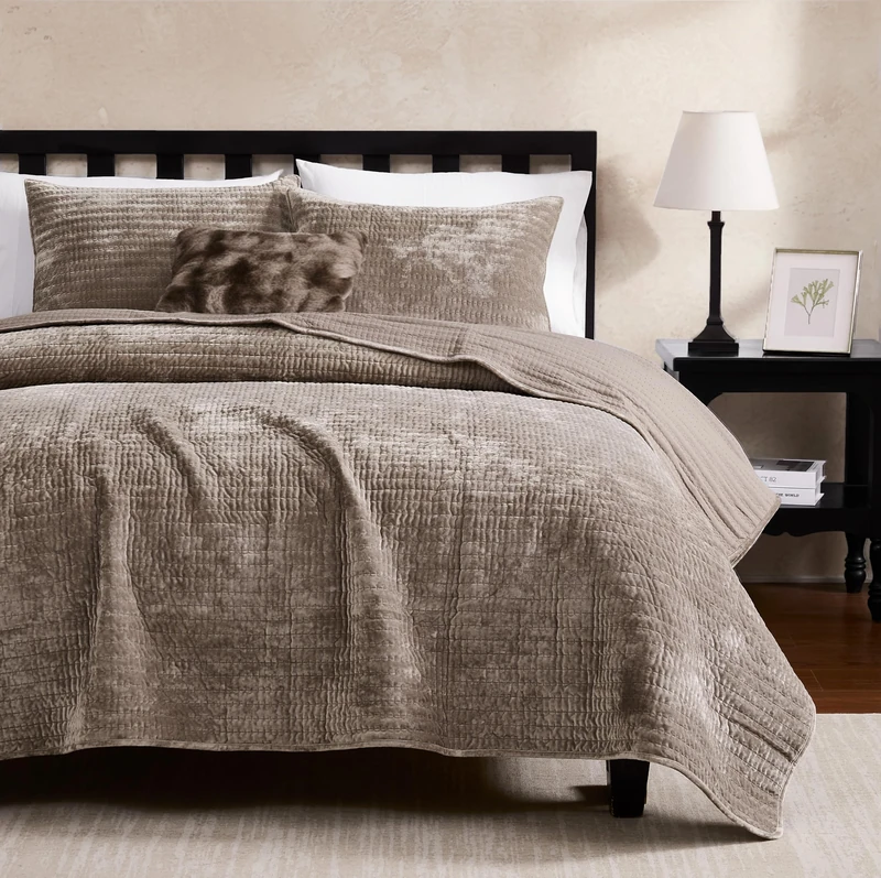 WDCOZY Velvet King Size Quilt Set - Brown Taupe Tan Camel Striped Pick Stitch Soft Lightweight Bedspread, Channel Farmhouse Country Rustic Coverlet, Modern Bedding Warm Thin Comforter, 3 Pieces