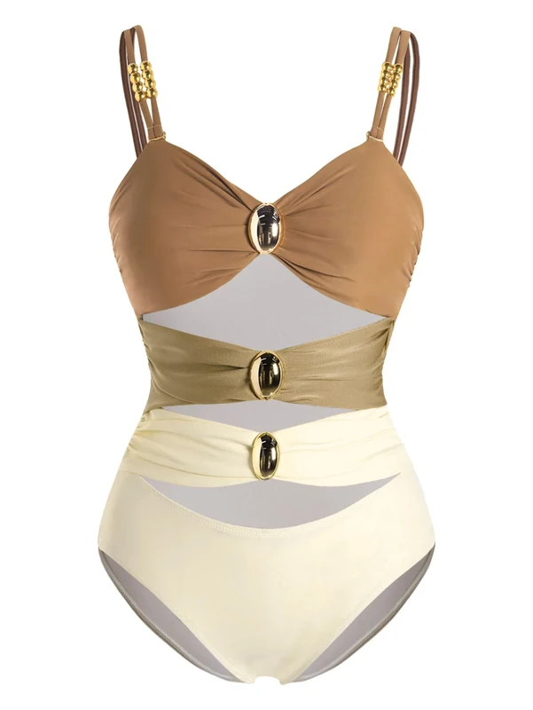 Generic Color Block One-Piece Swimsuit - Cutout Spaghetti Strap Small